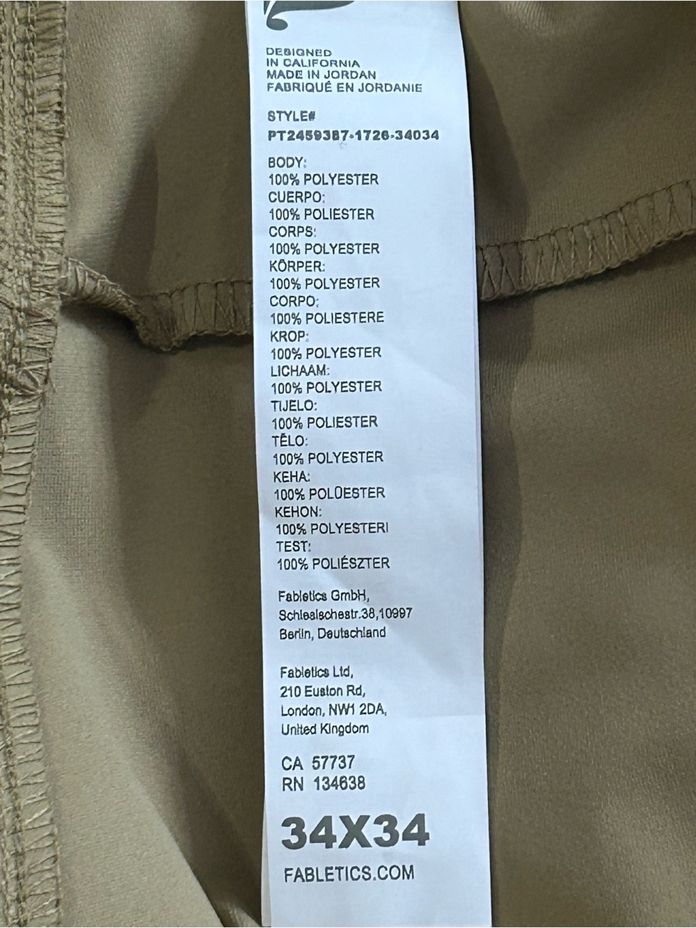 Fabletics The Don 5-Pocket Pant Dark Twill Khaki 34x34 Mens Pants - Picture 3 of 8